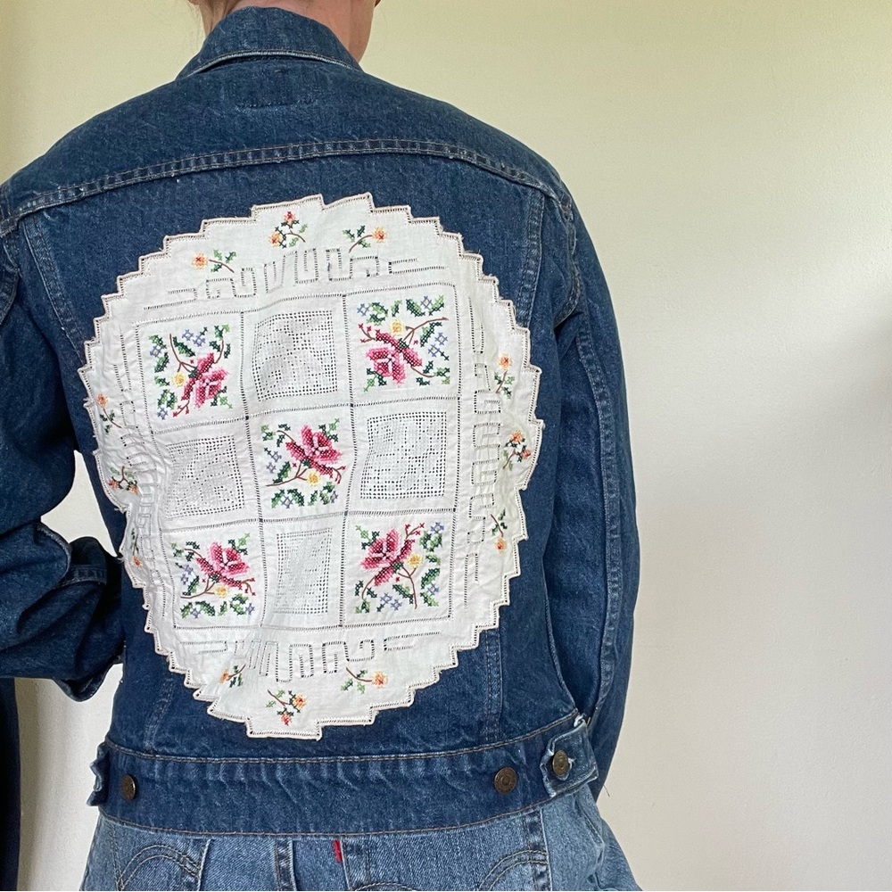 Embellished Blue Denim Jacket with White Embroidered Back Panel